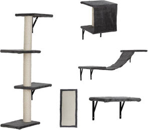 FURPAL Katzen Kratzbaum Set Wandmontierbar 5-teilig mit Sisal Kratzbrett Hängekörben und Katzenbrücke Grau Beige – Bild 1 von 5