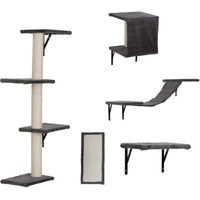 Produktbild von FURPAL Katzen Kratzbaum Set Wandmontierbar 5-teilig mit Sisal Kratzbrett Hängekörben und Katzenbrücke Grau Beige