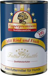 Produktbild von Futter Shuttle Hundefutter Nassfutter Rind und Fisch laktosefrei ohne Konservierungsstoffe und Zucker für Haut und Fell 400g Dose