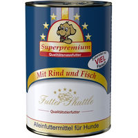 Produktbild von Futter Shuttle Hundefutter Nassfutter Rind und Fisch laktosefrei ohne Konservierungsstoffe und Zucker für Haut und Fell 400g Dose