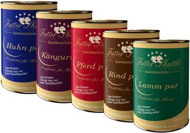 Produktbild von Futter Shuttle Hypoallergenes Hund Nassfutter ohne Getreide Sortenmix Rind Lamm Huhn Känguru Pferd 400g Dose