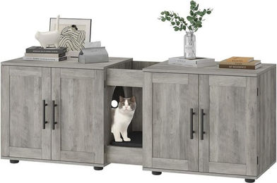 GarveeMore Katzentoilette verstecktes aus Holz mit Doppelraum für 2 Katzen, 55" großes verstecktes Katzentoilettengehäusemöbel mit Doppelzimmern – Bild 1 von 5