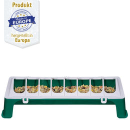 Produktbild von Geflügel Futtertrog aus Kunststoff mit Klappgitter auf Füßen - grün weiß - 50 cm