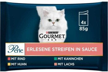 GOURMET Perle Erlesene Streifen mit Fleischmix und Lachs - 4 x 85 g – Bild 1 von 3