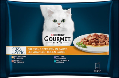 Produktbild von GOURMET Perle Erlesene Streifen Mixpaket Truthahn, Thunfisch, Ente und Lamm - 4 x 85 g