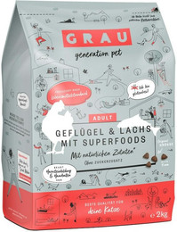 Produktbild von grau Geflügel & Lachs + Superfoods Katze Katzentrockenfutter Sparpaket 2 x 2 Kilogramm