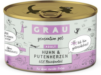 Produktbild von grau Katze 200 Gramm Katzennassfutter Sparpaket 12 x 200 Gramm Huhn & Putenherzen