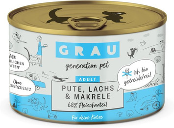 Produktbild von grau Katze 200 Gramm Katzennassfutter Sparpaket 12 x 200 Gramm Pute & Lachs & Makrele