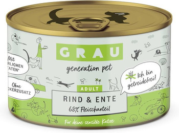 Produktbild von grau Katze 200 Gramm Katzennassfutter Sparpaket 12 x 200 Gramm Rind & Ente