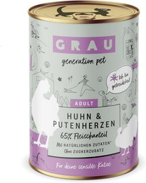 Produktbild von grau Katze 400 Gramm Katzennassfutter Sparpaket 12 x 400 Gramm Huhn & Putenherzen