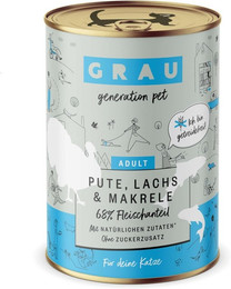 Produktbild von grau Katze 400 Gramm Katzennassfutter Sparpaket 12 x 400 Gramm Pute & Lachs & Makrele