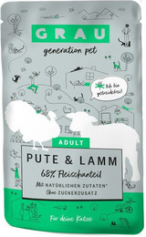 Produktbild von grau Pouchbeutel 125 Gramm Katzennassfutter Sparpaket 32 x 125 Gramm Pute & Lamm pur
