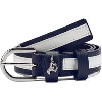 Produktbild von GALOP WEAR Reitgürtel aus italienischem Rindsleder mit silberner Schnalle und Pferde-Emblem Blau Weiß Silber 95 cm
