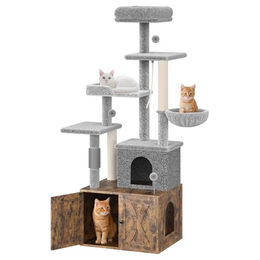 Garvee 3-in-1 Kratzbaum für Katzen mit Katzentoiletten-Möbel, Hängematte und Ablagen, Braun, für erwachsene Katzen – Bild 1 von 5