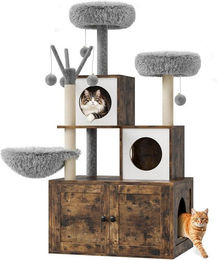 GarveeMore 2-in-1 Kratzbaum aus Holz mit integriertem Katzentoilettengehäuse 138cm für Katzen – Bild 1 von 5