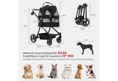 GarveeMore 3-in-1 Hundebuggy für kleine Hunde und Katzen bis 15kg Schwarz mit Stoßdämpfung und Sicherheitsleinen – Bild 1 von 4