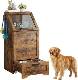 GarveeMore Futterschrank für Hunde aus Holz mit 2 Edelstahlnäpfen in Braun – Bild 1 von 5