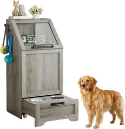 GarveeMore Futterschrank für Hunde aus Holz mit 2 Edelstahlnäpfen in Grau – Bild 1 von 5