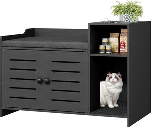GarveeMore Katzentoilette als Schrankmöbel im Landhausstil mit Kratzbrett und Stauraum in Schwarz – Bild 1 von 4