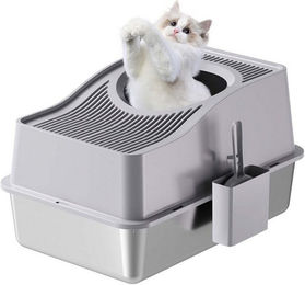 GarveeMore Katzentoilette Haubentoilette aus Edelstahl in Grau Silber für erwachsene Katzen – Bild 1 von 3