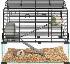 GarveeMore Kleintierkäfig für Hamster und Mäuse mit 3 Ebenen und tiefgehärtetem Glasboden in Schwarz und Transparent – Bild 1 von 5
