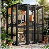 Produktbild von GarveeMore Kleintierkäfig Katzengehege aus Tannenholz mit Haus, Sisalstange, Plattformen und Hängematte, 180 cm hoch, Schwarz