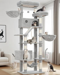 GCT031W Kratzbaum für Katzen in Hellgrau mit Katzenhöhle, Hängematte und Sisalsäulen 200 cm – Bild 1 von 1