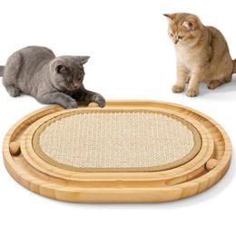 Gimars Interaktives Sisal Kratzbrett für Katzen und Kitten, Ovales Holz-Kratzbrett mit Kugelbahn und 3 Rollbällen, Beige – Bild 1 von 3