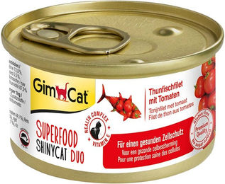 Produktbild von GimCat Superfood ShinyCat Duo Thunfischfilet mit Tomaten Katzen Nassfutter für Adult ohne Farb- und Aromastoffe 24x70g