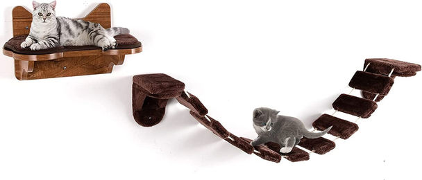 GOPLUS Katzen Kletterwand mit Hängebrücke, Laufsteg und Katzentreppe aus Holz und Flanell zur Wandmontage – Bild 1 von 1