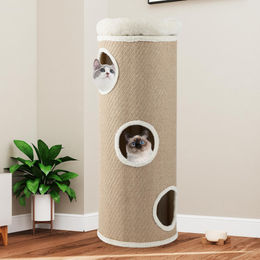 GOPLUS Katzenbaum in Fassform mit Plüschbett und Katzenhöhle in Beige – Bild 1 von 2