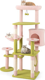 GOPLUS Katzenbaum mit Sisal-Kratzpfosten und Rundkorb Rosa-Grün 148 cm – Bild 1 von 1