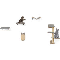 Produktbild von GOPLUS Katzenkletterwand Set aus Holz mit Kratzbrett, Hängematte und 2 Plattformen als wandmontiertes Katzenaktivitätszentrum