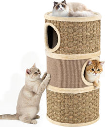 GOPLUS Kratztonne für Katzen mit 3 Ebenen, 3 Höhlen, Plüschbett und Seetangseil, 70 cm Höhe, Khaki – Bild 1 von 1