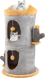 GOPLUS Kratztonne mit 2 Höhlen und Sitzstange, trennbarer 3-stöckiger Kratzbaum aus Plüsch für Katzen – Bild 1 von 4