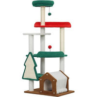 Produktbild von Gotagee Katzenkratzbaum in Weihnachtsfarben mit Katzenbett, Katzenhaus, Kratzpfosten und Spielzeugbällen 135cm