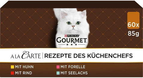 Produktbild von Gourmet A la Carte Rezepte des Küchenchefs Katzen Nassfutter Mixpaket für adulte Katzen mit Huhn Rind Forelle und Seelachs 120x85g