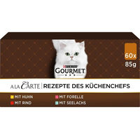 Produktbild von Gourmet A la Carte Rezepte des Küchenchefs Katzen Nassfutter Mixpaket für adulte Katzen mit Huhn Rind Forelle und Seelachs 120x85g