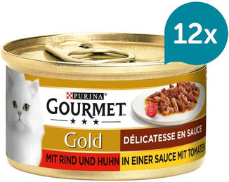 Produktbild von Gourmet Gold Délicatesse Stückchen in Sauce mit Rind und Huhn für erwachsene Katzen 12x85g