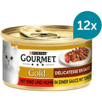 Produktbild von Gourmet Gold Délicatesse Stückchen in Sauce mit Rind und Huhn für erwachsene Katzen 12x85g