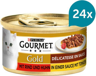 Produktbild von Gourmet Gold Délicatesse Stückchen in Sauce mit Rind und Huhn für erwachsene Katzen 24x85g - 24 x 85 g