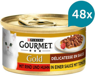 Produktbild von Gourmet Gold Délicatesse Stückchen in Sauce mit Rind und Huhn für erwachsene Katzen 48x85g
