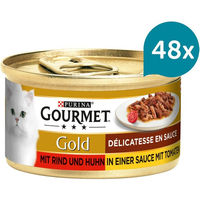 Produktbild von Gourmet Gold Délicatesse Stückchen in Sauce mit Rind und Huhn für erwachsene Katzen 48x85g