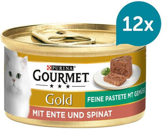 Produktbild von Gourmet Gold Feine Pastete mit Ente und Spinat für erwachsene Katzen 12x85g