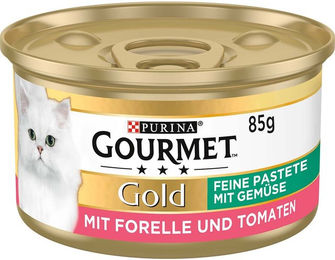Produktbild von Gourmet Gold Feine Pastete mit Forelle, Gemüse und Tomaten für erwachsene Katzen 12x85g