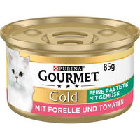 Produktbild von Gourmet Gold Feine Pastete mit Forelle, Gemüse und Tomaten für erwachsene Katzen 24x85g