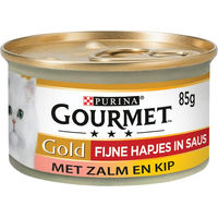 Produktbild von Gourmet Gold Feine Snacks in Soße Lachs und Huhn für erwachsene Katzen 24 x 85 g