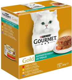 Produktbild von Gourmet Gold Raffiniertes Ragout Mixpaket für erwachsene Katzen mit Rind, Huhn, Truthahn und Lamm 48x85g