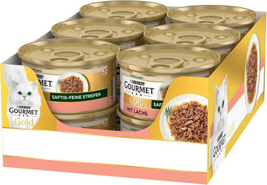 Gourmet Gold Saftige Feine Streifen mit Lachs Katzen Nassfutter 12 x 85 g Dosen – Bild 1 von 1