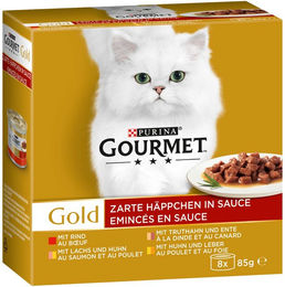 Produktbild von Gourmet Gold Zarte Häppchen in Sauce Mixpaket für erwachsene Katzen Rind Truthahn Ente Huhn Lachs 48x85g - 48 x 85 g